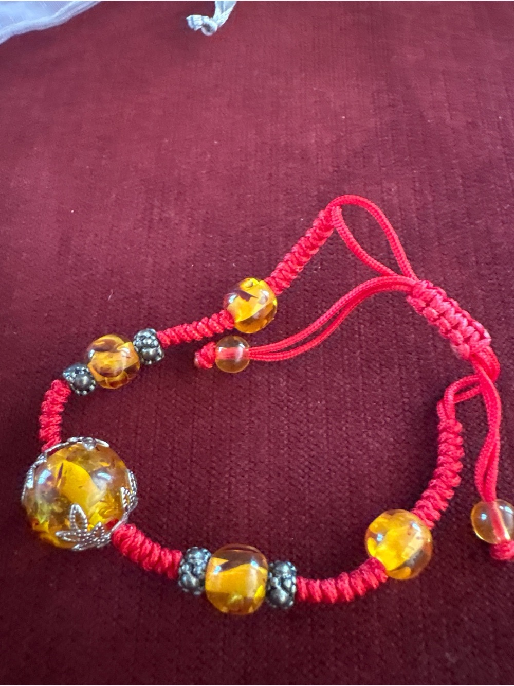 Vintage Amber Tone Bead Red Cord Bracelet - Adjustable Lucky Red Thread Wristlet